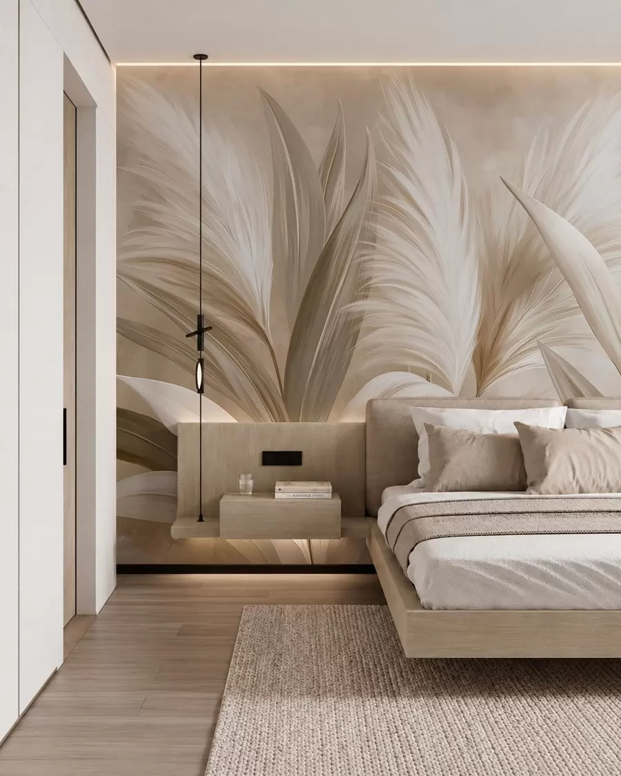 wall murals Бледо декоративно лишће и пернати цветови w05863