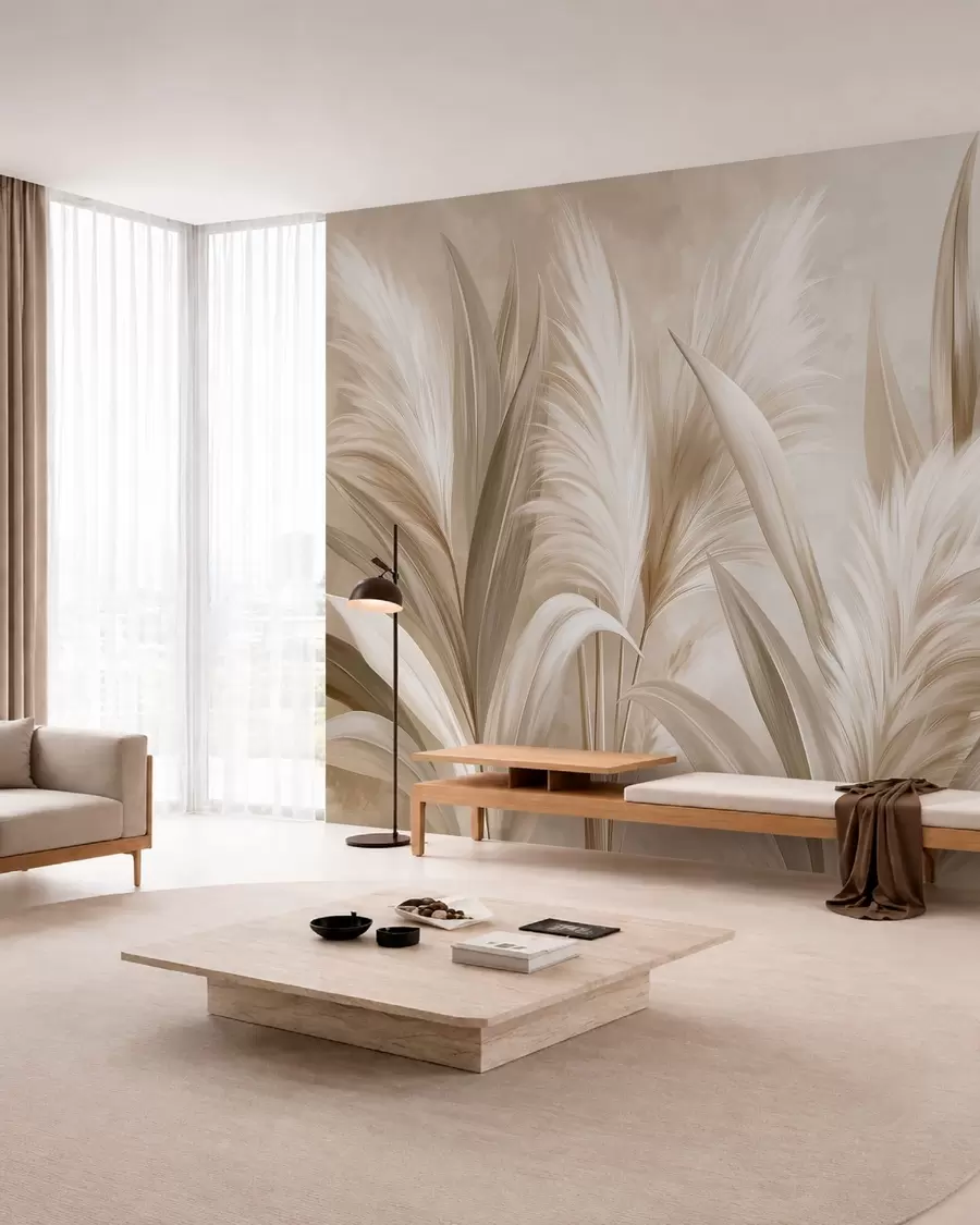 wall murals Бледо декоративно лишће и пернати цветови w05863