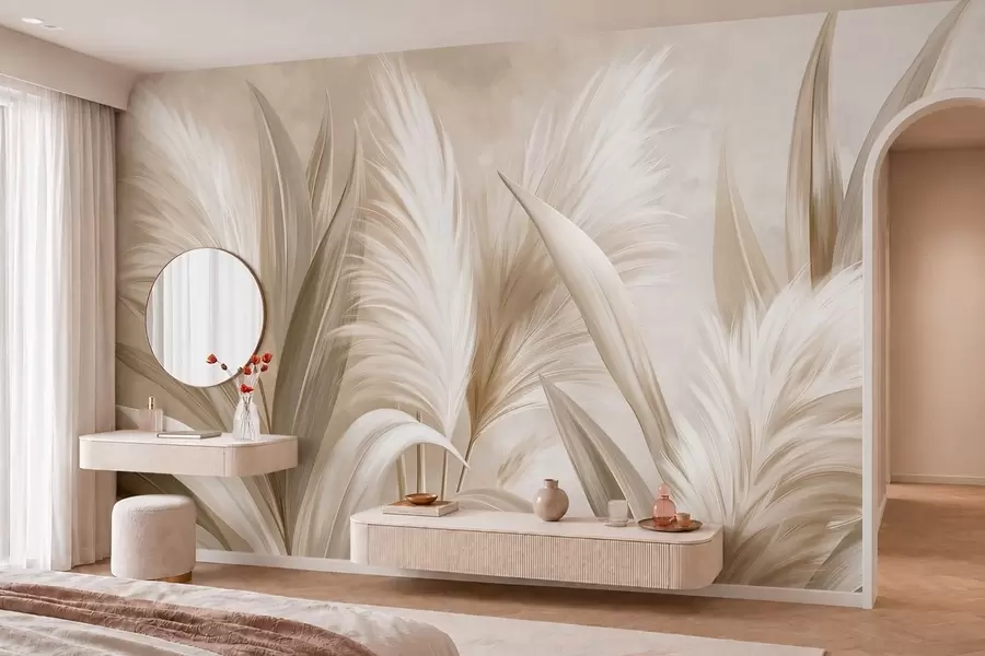 wall murals Бледо декоративно лишће и пернати цветови w05863