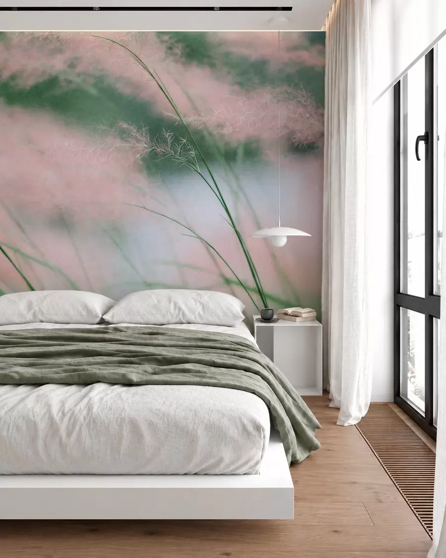 wall murals Нежне ружичасте траве на мекој зеленој позадини w05886