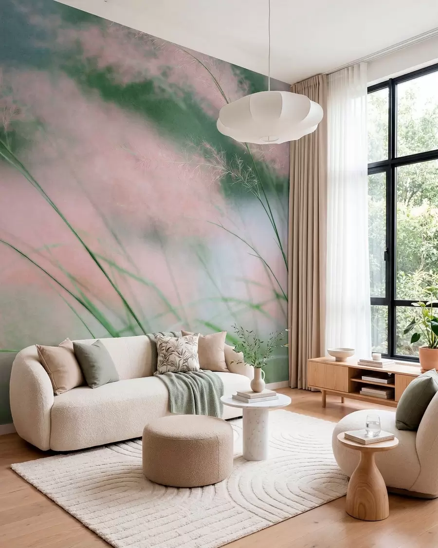 wall murals Нежне ружичасте траве на мекој зеленој позадини w05886