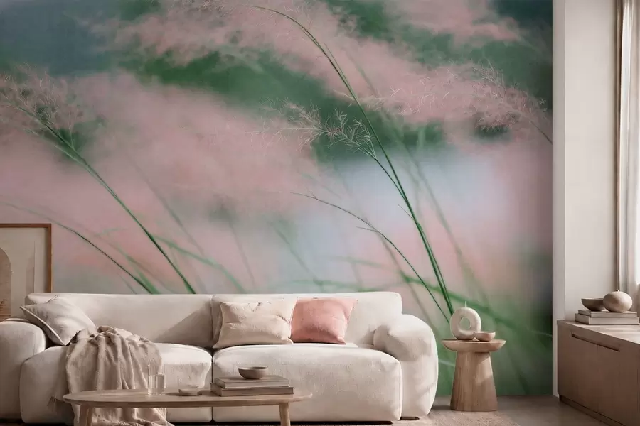 wall murals Нежне ружичасте траве на мекој зеленој позадини w05886