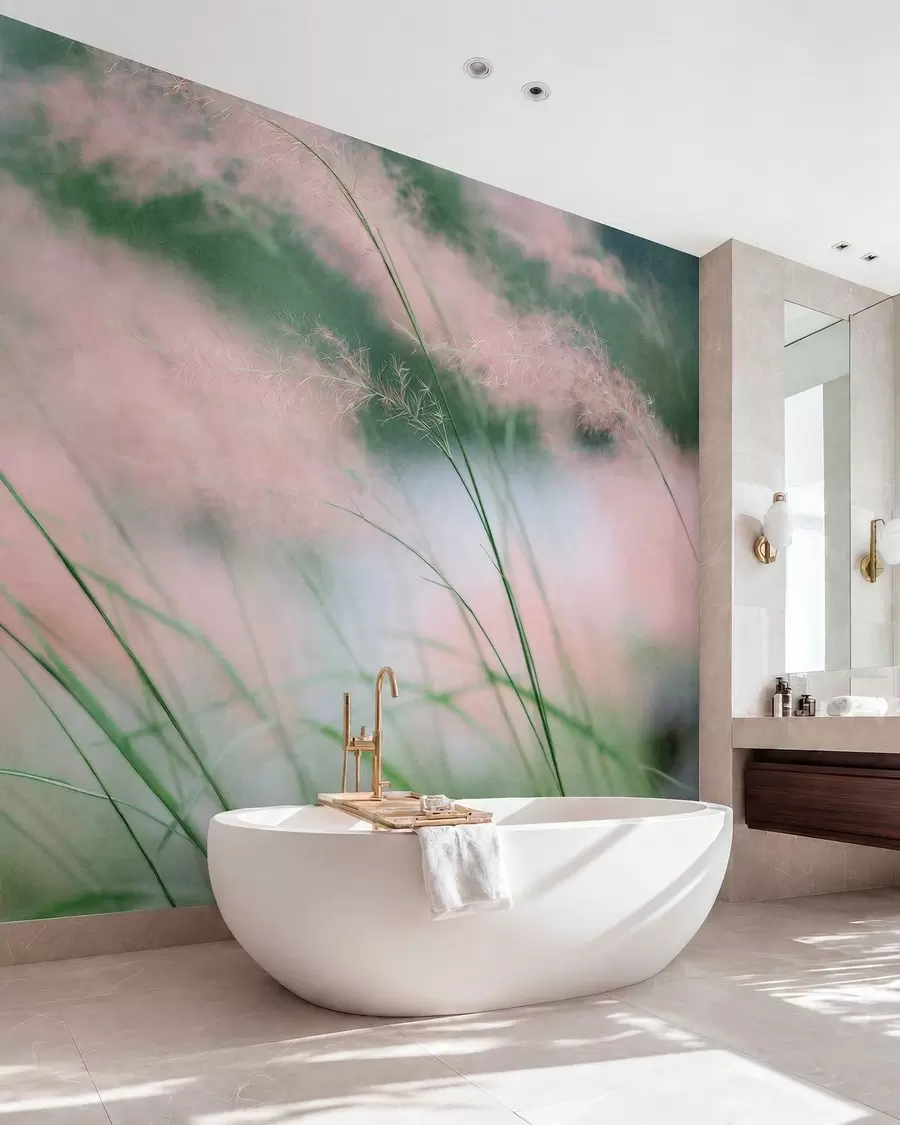 wall murals Нежне ружичасте траве на мекој зеленој позадини w05886