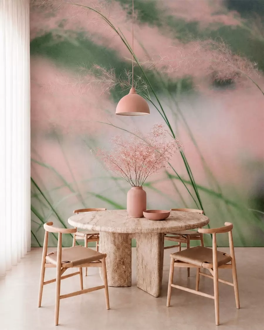 wall murals Нежне ружичасте траве на мекој зеленој позадини w05886v1