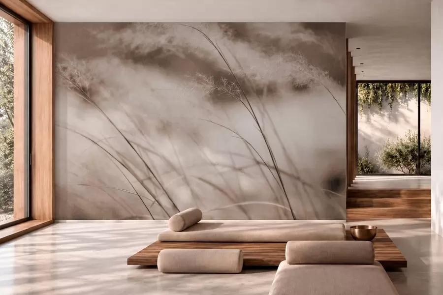 wall murals Витке траве и пернати цветови у беж тоновима w05886v2
