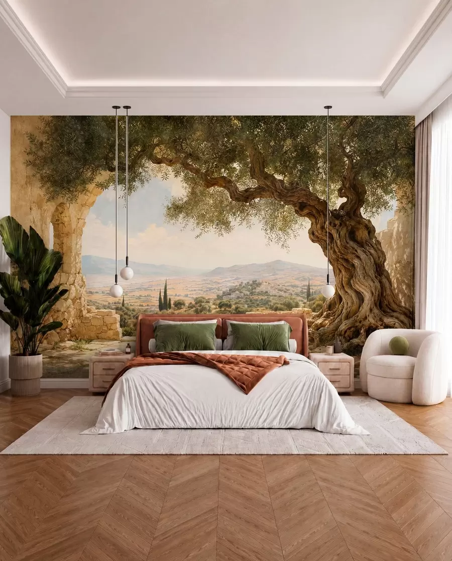 wall murals Древно маслиново дрво међу каменим рушевинама и брдима w05896