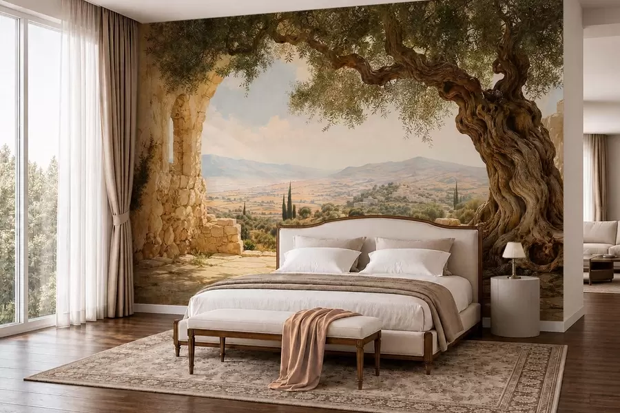 wall murals Древно маслиново дрво међу каменим рушевинама и брдима w05896