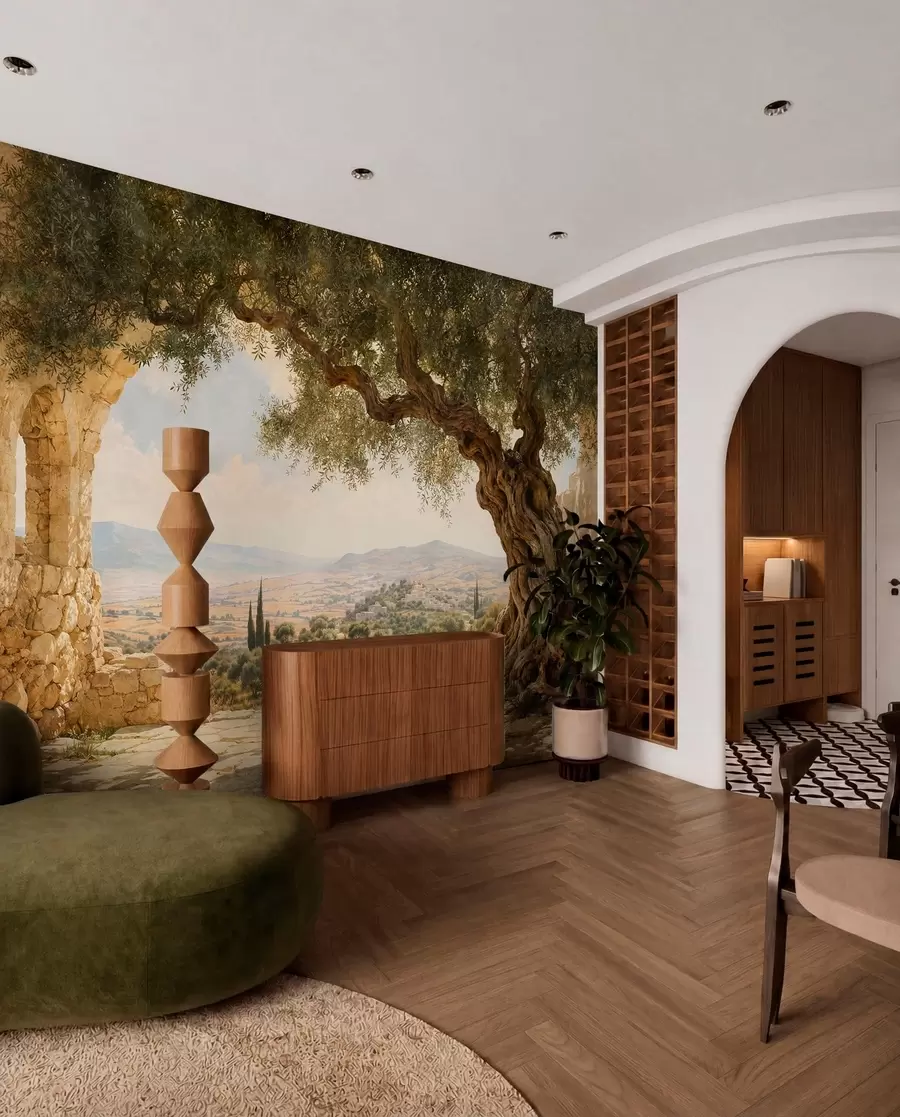wall murals Древно маслиново дрво међу каменим рушевинама и брдима w05896