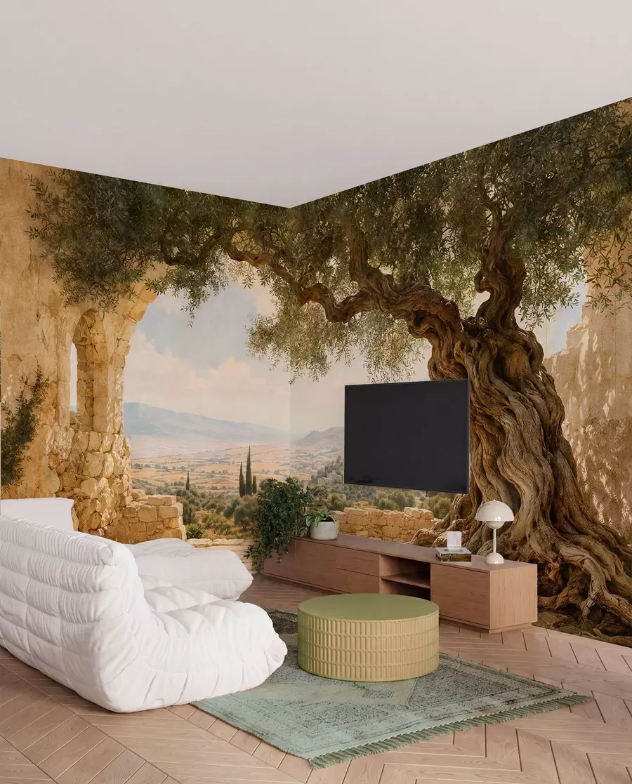 wall murals Древно маслиново дрво међу каменим рушевинама и брдима w05896