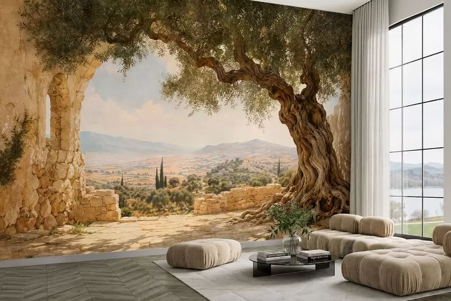 wall murals Древно маслиново дрво међу каменим рушевинама и брдима w05896