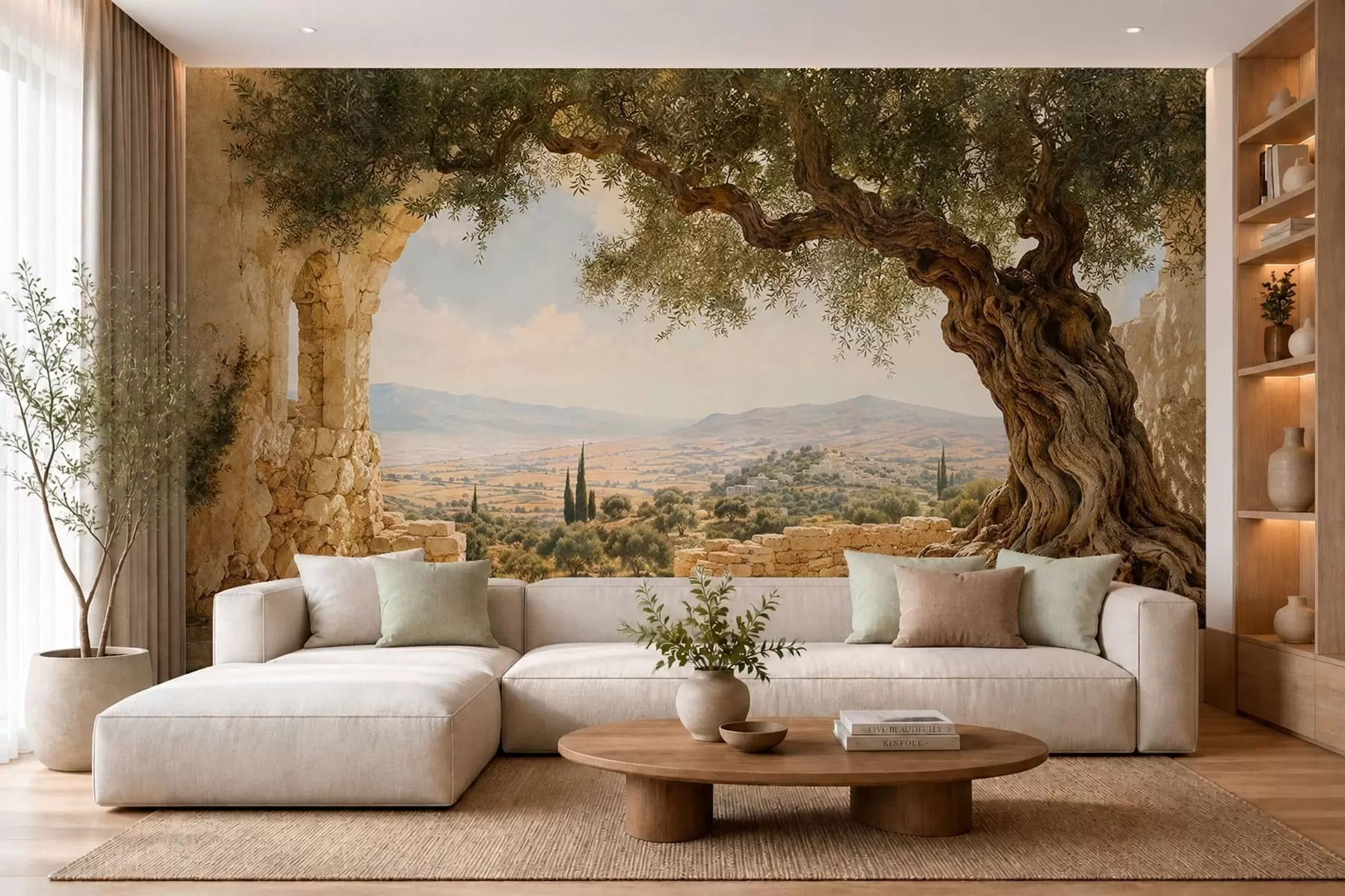 wall murals Древно маслиново дрво међу каменим рушевинама и брдима w05896