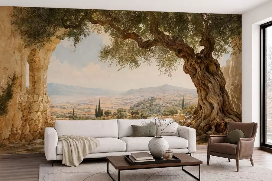 wall murals Древно маслиново дрво међу каменим рушевинама и брдима w05896