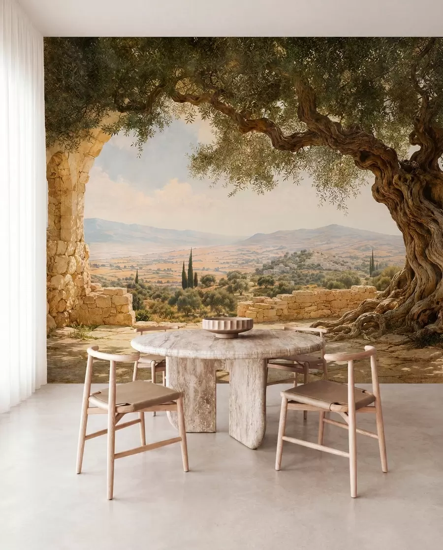 wall murals Древно маслиново дрво међу каменим рушевинама и брдима w05896