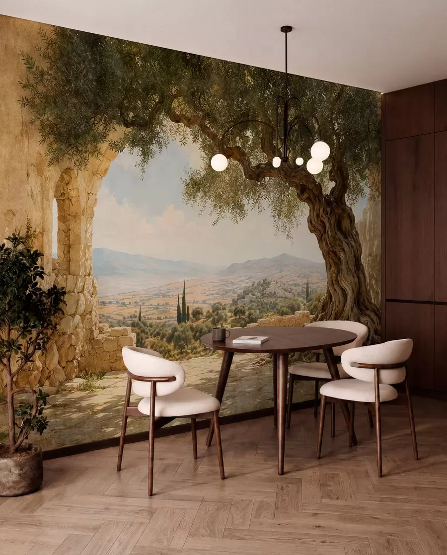 wall murals Древно маслиново дрво међу каменим рушевинама и брдима w05896