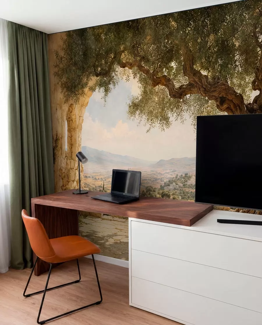 wall murals Древно маслиново дрво међу каменим рушевинама и брдима w05896