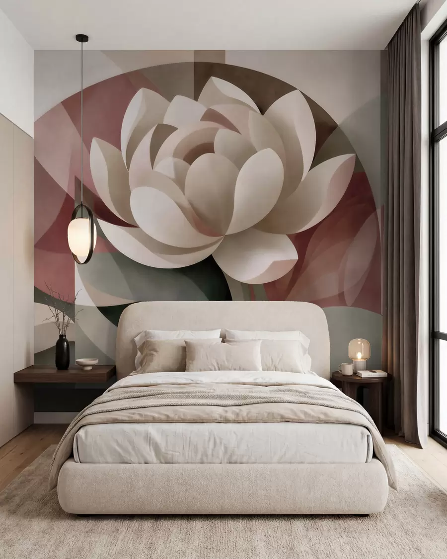 wall murals Велики апстрактни цвет у фасетизованој геометријској техници, пригушена палета прашкасто-смарагдних нијанси w10035