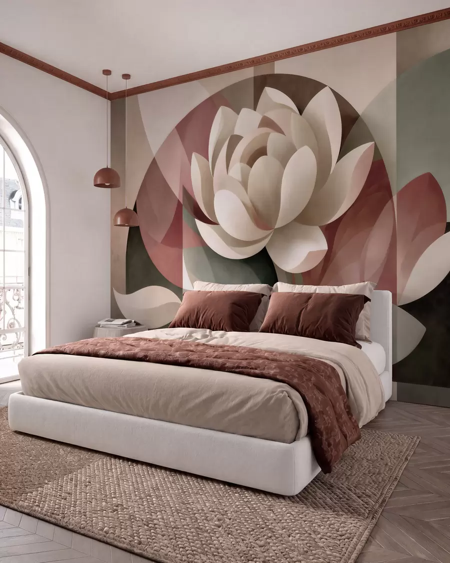 wall murals Велики апстрактни цвет у фасетизованој геометријској техници, пригушена палета прашкасто-смарагдних нијанси w10035