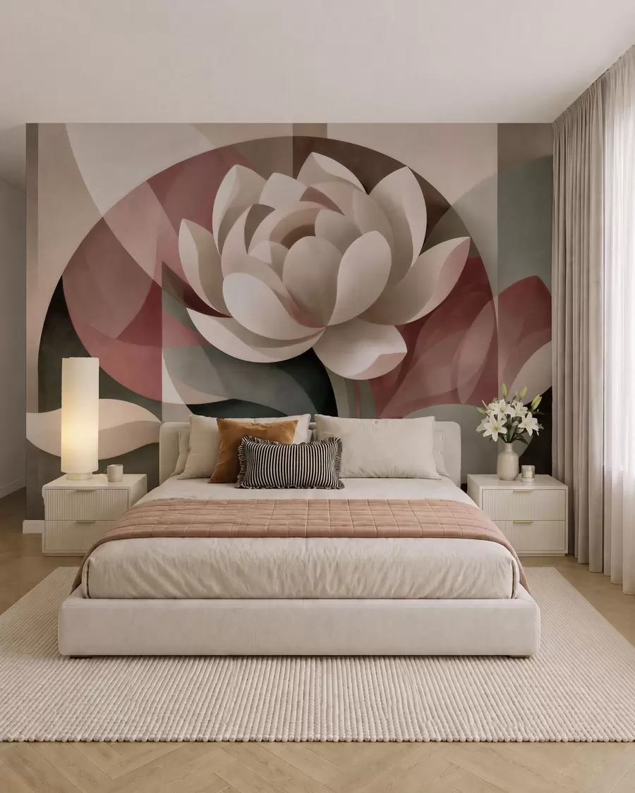 wall murals Велики апстрактни цвет у фасетизованој геометријској техници, пригушена палета прашкасто-смарагдних нијанси w10035