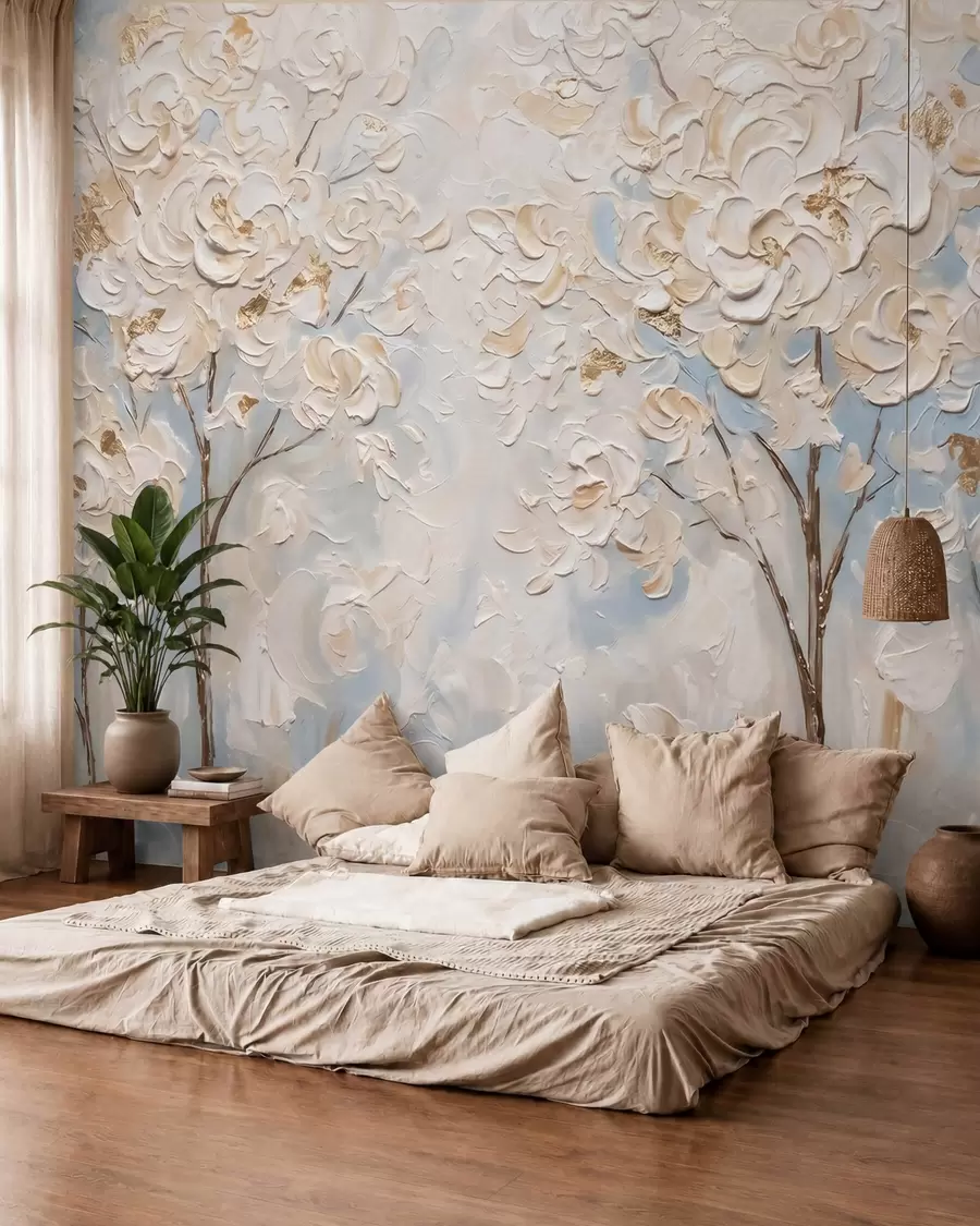 wall murals Обилни бели цветови на дрвећу, имитација уљане слике w10039