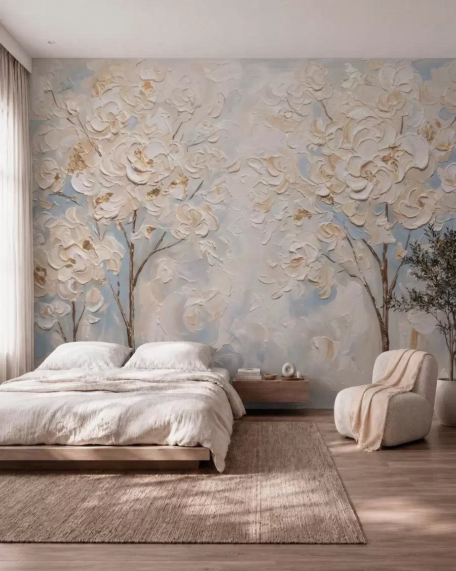 wall murals Обилни бели цветови на дрвећу, имитација уљане слике w10039