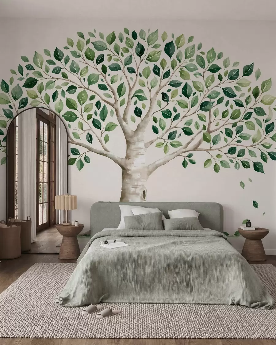 wall murals Дрво са зеленим лишћем, акварел стил, минималистички w10046