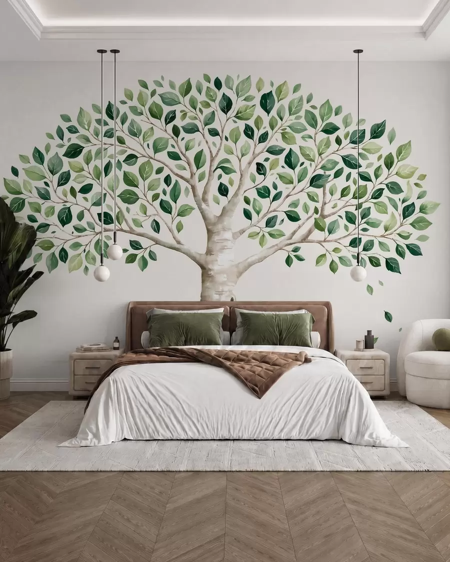 wall murals Дрво са зеленим лишћем, акварел стил, минималистички w10046