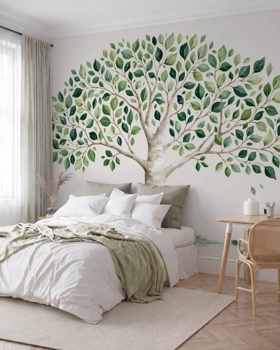 wall murals Дрво са зеленим лишћем, акварел стил, минималистички w10046