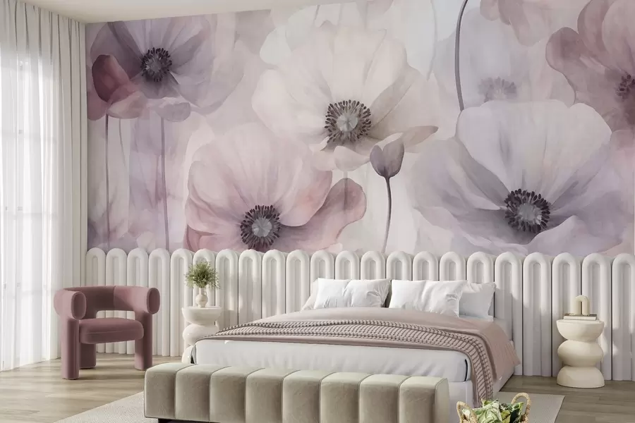 wall murals Бледо ружичасти и бели макови са нежним латицама w10029v1
