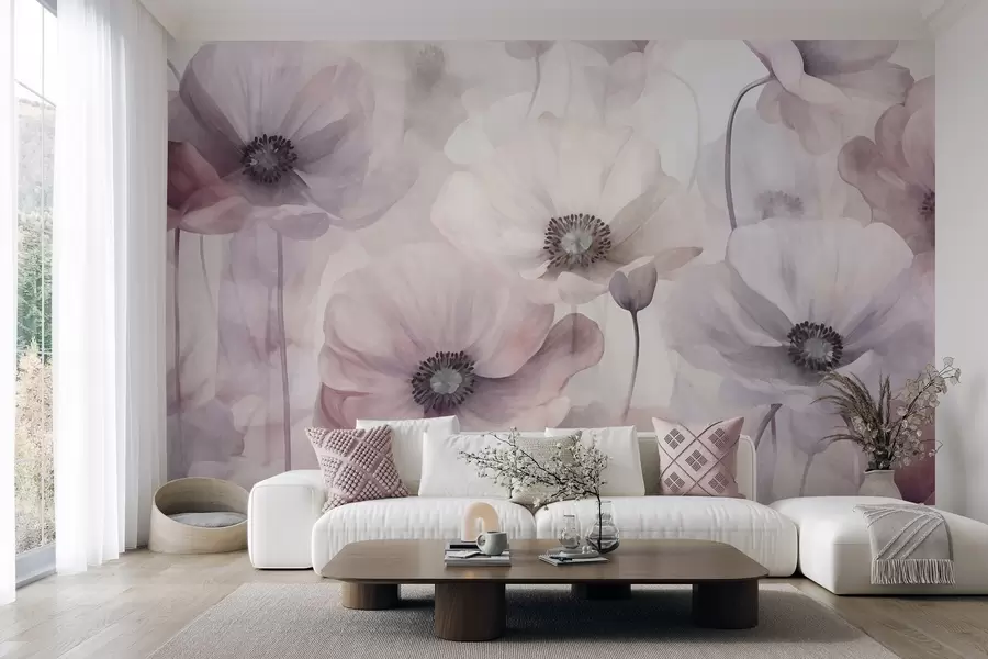 wall murals Бледо ружичасти и бели макови са нежним латицама w10029v1