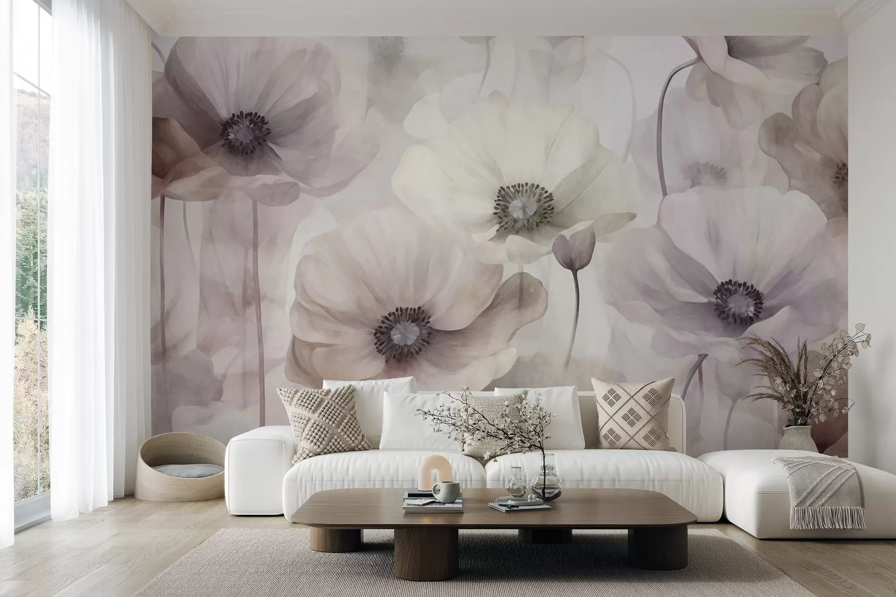 wall murals Бледо ружичасти и беж макови са нежним латицама w10029