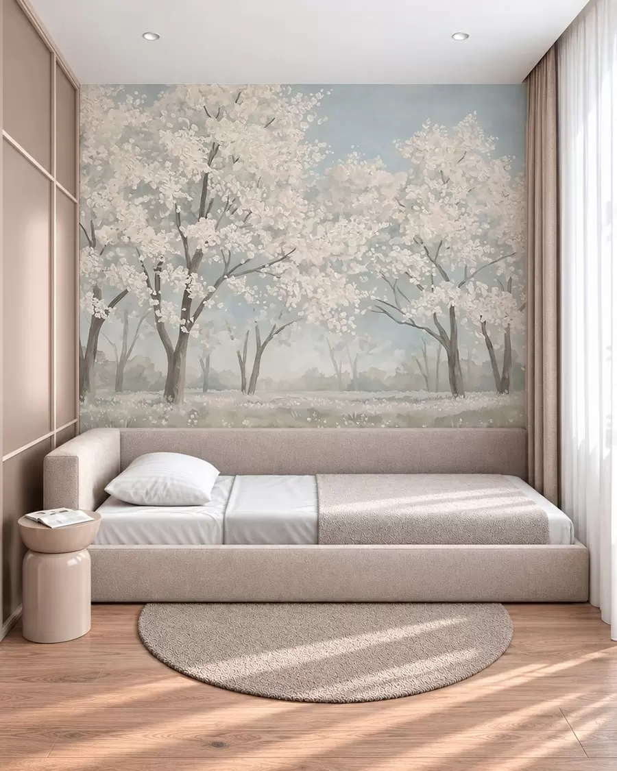 wall murals Бледо цветајуће дрвеће на ливади у пастелним тоновима w05897