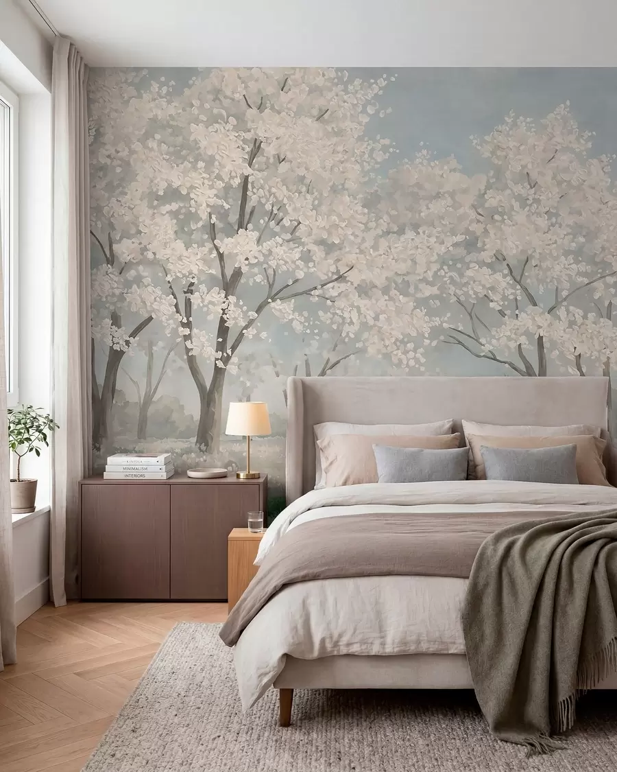 wall murals Бледо цветајуће дрвеће на ливади у пастелним тоновима w05897