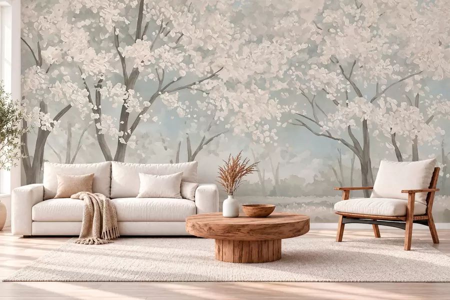 wall murals Бледо цветајуће дрвеће на ливади у пастелним тоновима w05897