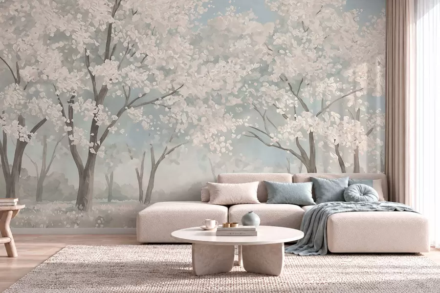wall murals Бледо цветајуће дрвеће на ливади у пастелним тоновима w05897