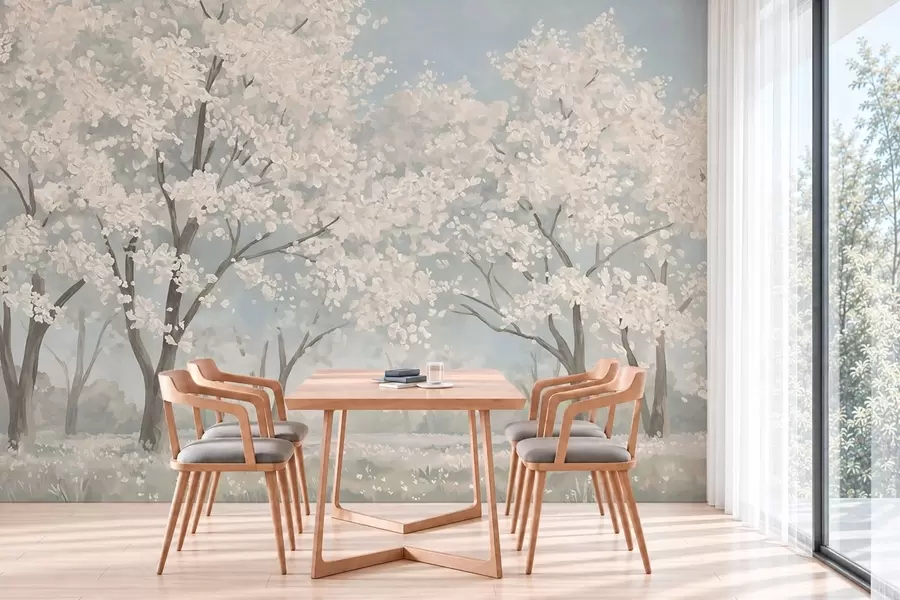 wall murals Бледо цветајуће дрвеће на ливади у пастелним тоновима w05897