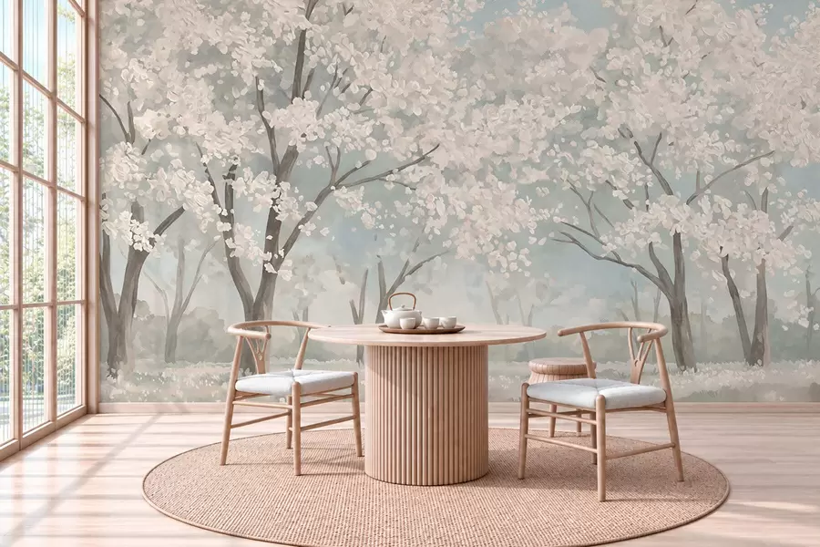 wall murals Бледо цветајуће дрвеће на ливади у пастелним тоновима w05897