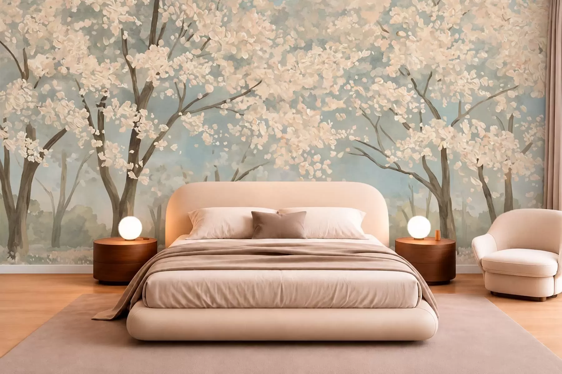 wall murals Цветајуће бледо дрвеће под меким плавим небом w05897v1