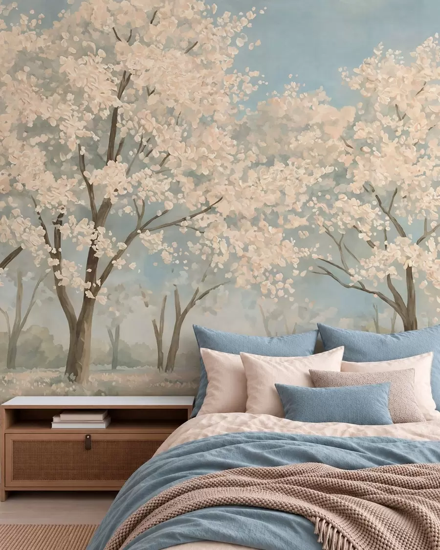 wall murals Цветајуће бледо дрвеће под меким плавим небом w05897v1