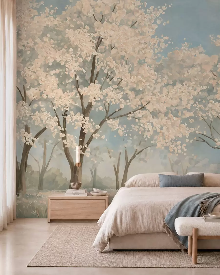 wall murals Цветајуће бледо дрвеће под меким плавим небом w05897v1