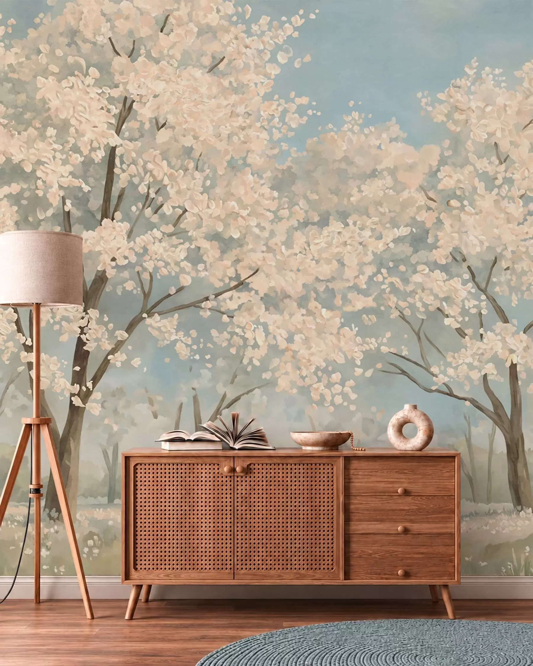 wall murals Цветајуће бледо дрвеће под меким плавим небом w05897v1