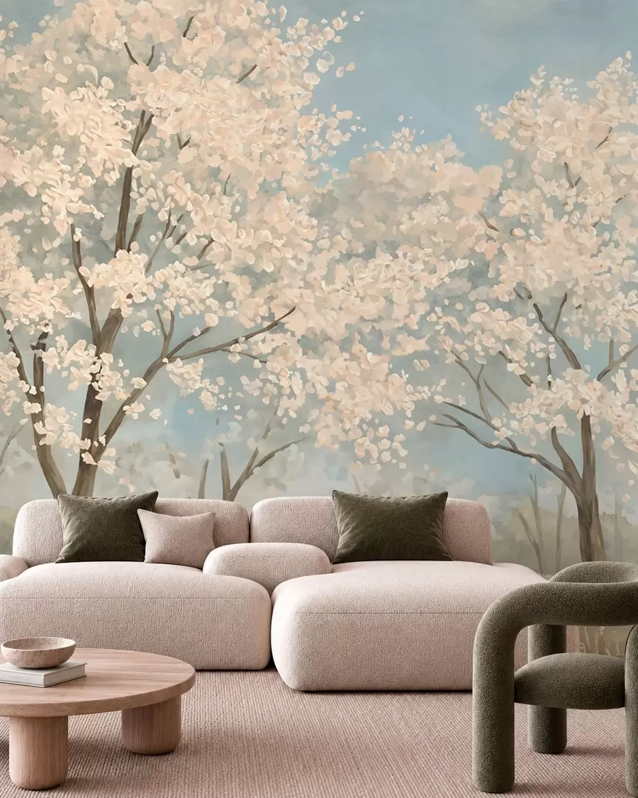 wall murals Цветајуће бледо дрвеће под меким плавим небом w05897v1