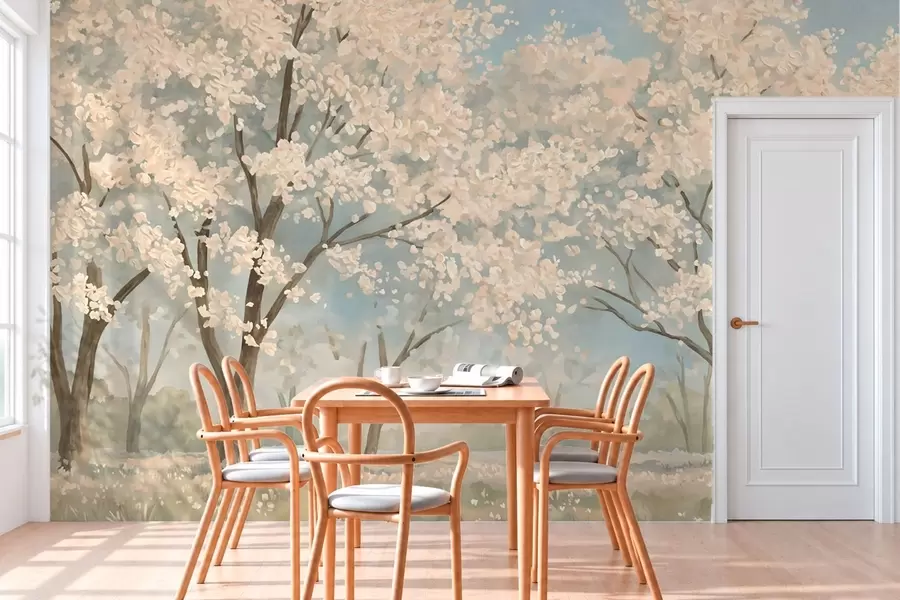 wall murals Цветајуће бледо дрвеће под меким плавим небом w05897v1