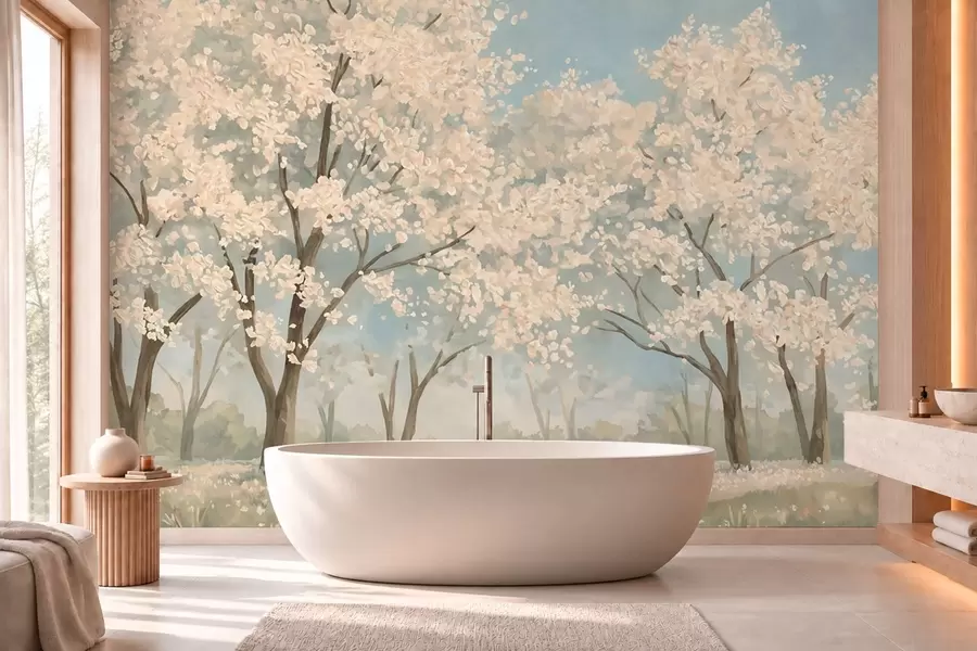 wall murals Цветајуће бледо дрвеће под меким плавим небом w05897v1
