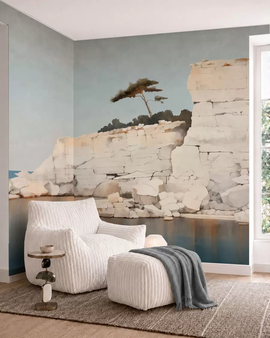 wall murals Бледе литице поред мирног мора са усамљеним дрветом w05922