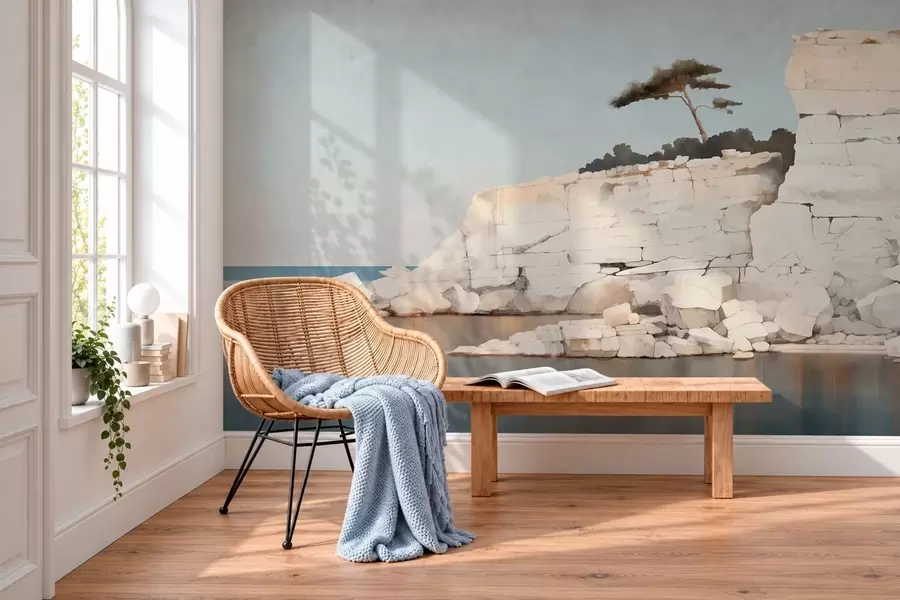 wall murals Бледе литице поред мирног мора са усамљеним дрветом w05922