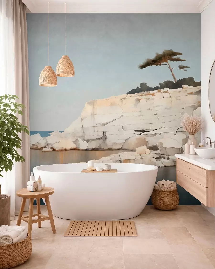 wall murals Бледе литице поред мирног мора са усамљеним дрветом w05922