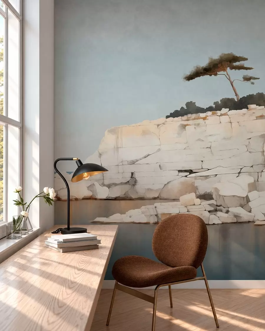 wall murals Бледе литице поред мирног мора са усамљеним дрветом w05922