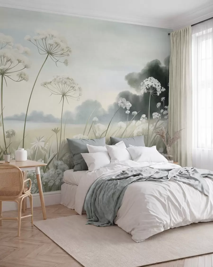 wall murals Пејзаж са дивљим цвећем и високим травама у пољу, пригушене боје, текстуриран w10032