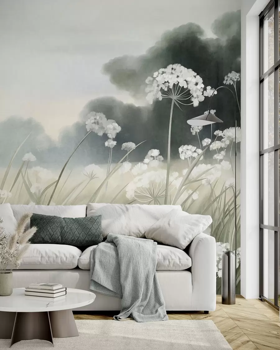 wall murals Пејзаж са дивљим цвећем и високим травама у пољу, пригушене боје, текстуриран w10032