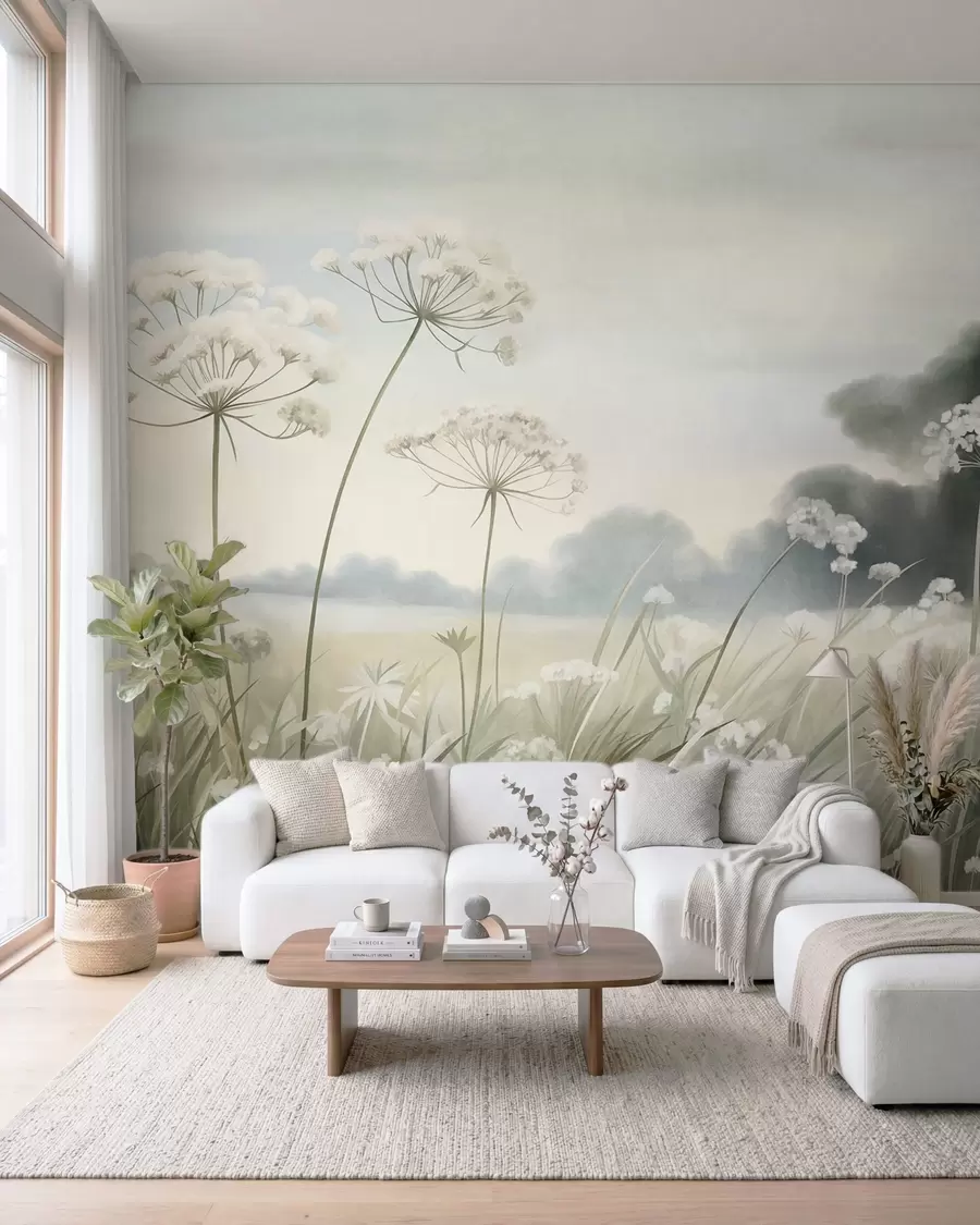 wall murals Пејзаж са дивљим цвећем и високим травама у пољу, пригушене боје, текстуриран w10032